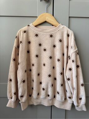 Rylee + Cru Cream Crewneck Sweatshirt with Brown Suns Print in Textured Terry